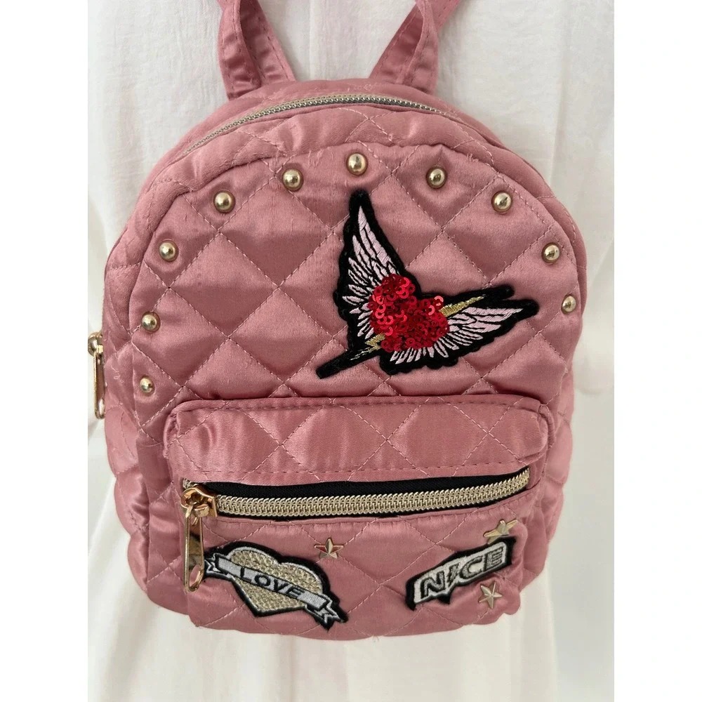 The Childrens Place Girls Pink Quilted Satin Mini Backpack Heart Patches Studs
